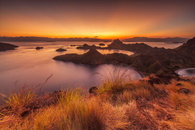 Sunset photo of the islands of Komodo taken from a high view point