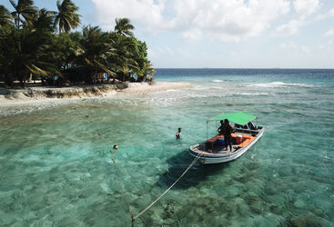 a little diving baoat sits in shallow clear waters next to a white sand beach with palm trees while people are swimming in the water