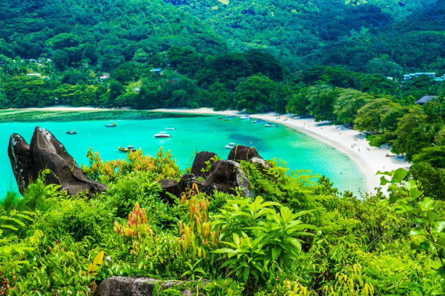 View of a white sand bay leading into blue water with a few fishing boats surrounded by lush jungle